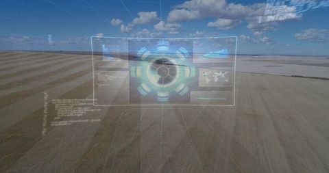 Augmented reality hud hovering over salt flats showing concentric hub, map panels, grid overlay