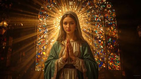 The virgin mary woman in medieval church praying with stained glass background