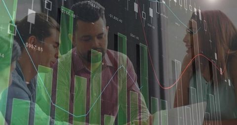 Business team collaborating on financial data with interactive stock charts overlay