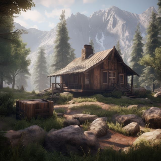 Rustic cabin nestled in a peaceful mountain forest with a rocky landscape and dense trees. Ideal for promoting vacation getaways, nature resorts, and tranquil holiday retreats. Perfect for travel brochures, adventure blogs, and outdoor lifestyle pictures.