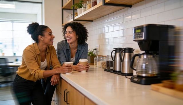 Coworkers laughing over coffee while leaning on office counter in bright communal kitchen