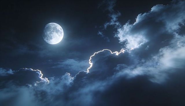 Full Moon Illuminating Rim-Lit Clouds Over Moody Night Sky With Silver Lunar Glow
