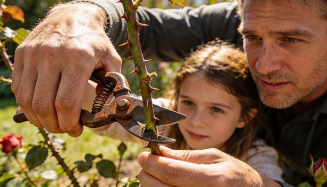Father teaching daughter pruning rose with rusty secateurs in sunny garden