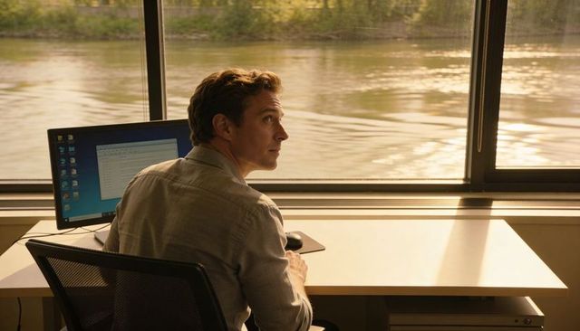 Man gazing out riverside window from office desk with computer monitor and sunlit river