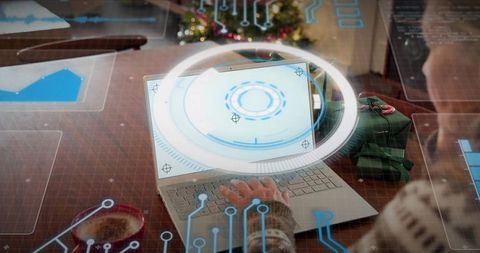 Mature woman typing on laptop with futuristic hud interface and cozy home office scene