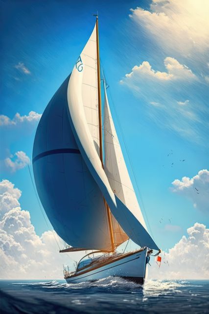 Image of sailing boat on sea over clouds and blue sky, created using generative ai technology. Transport, travel and boat, digitally generated image.