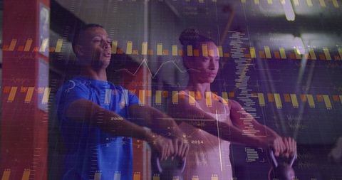 Partners training with kettlebells and performance data overlay for fitness analytics