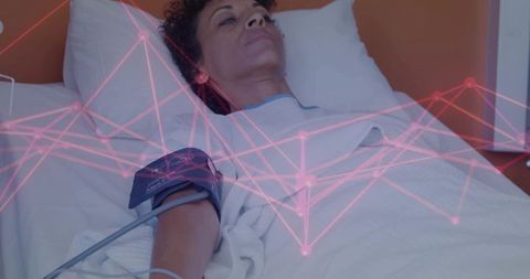 Hospitalized woman with digital health monitoring network overlay