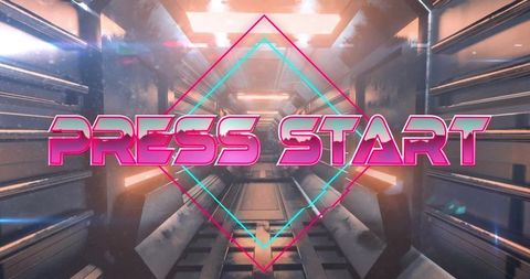 Futuristic Neon 'Press Start' Sign in Sci-Fi Space Tunnel