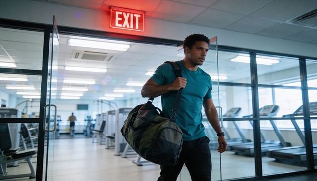 Man leaving gym carrying duffel under exit sign, walking past treadmills
