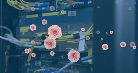 Roses Blooming over Computer Server Wires Representing Harmony in Technology - Download Free Stock Images Pikwizard.com