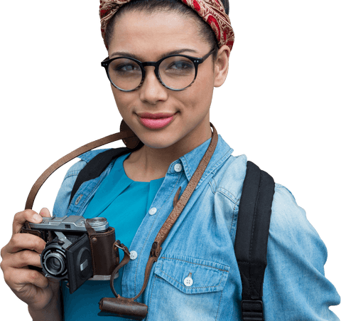 Confident Female Photographer in Denim with Vintage Camera Transparent Background