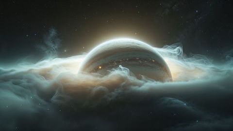 Transcendent venus cosmic orbit with glowing planetary halo