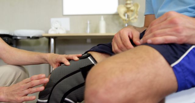 Physical therapist fitting knee brace on patient's leg during rehabilitation session. Useful for content focusing on healthcare, physical therapy, sports injury recovery, and medical treatment processes.