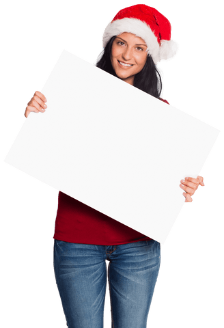 happy woman in santa hat holding transparent blank sign for christmas - Download Free Stock Videos Pikwizard.com
