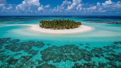 Aerial View of Pristine Tropical Island with Coral Reefs