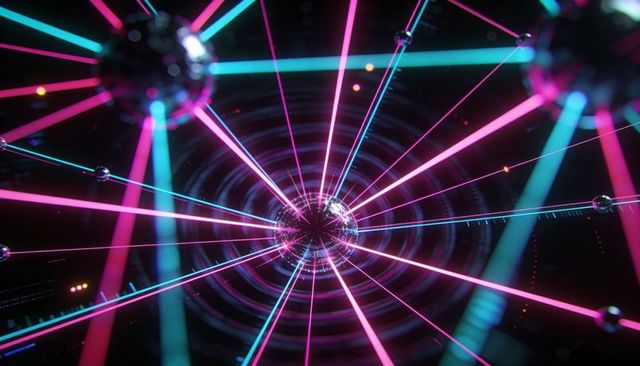 Neon orb radiating cyan and magenta light beams through futuristic cyberpunk data tunnel
