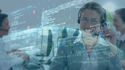 Global Business Team Analyzing Data with Headsets and Digital Interface