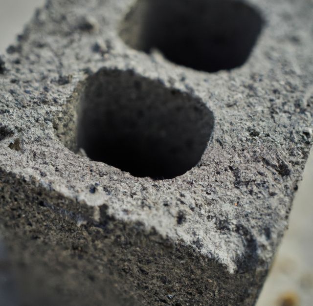 This detailed, close-up image of a concrete cinder block showcases its rough texture and sturdy, industrial design. Suitable for projects related to construction, architecture, or urban development, the image can be used in presentations, marketing materials, or educational content discussing building materials, durability, or structural engineering.