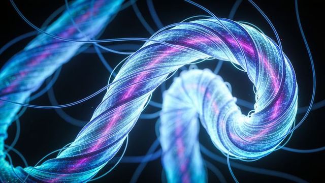 Twisting glowing braided energy strand curling through dark space with neon filaments