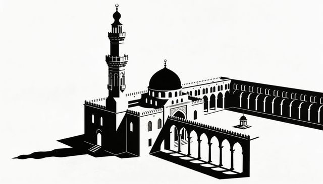 Monochrome mosque silhouette with minaret, dome and arched courtyard casting bold shadows