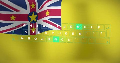 Niue flag with neon keyboard overlay in modern digital art