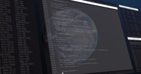 Programming Code and Globe Overlay Textured with World Map
