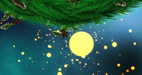 Festive Pine Branches with Holly and Glowing Orb Backdrop