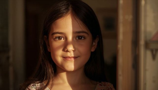Sunlit girl standing in doorway with vertical stripe of light across face, warm portrait