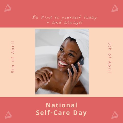 Smiling woman in bathtub promotes self-care awareness