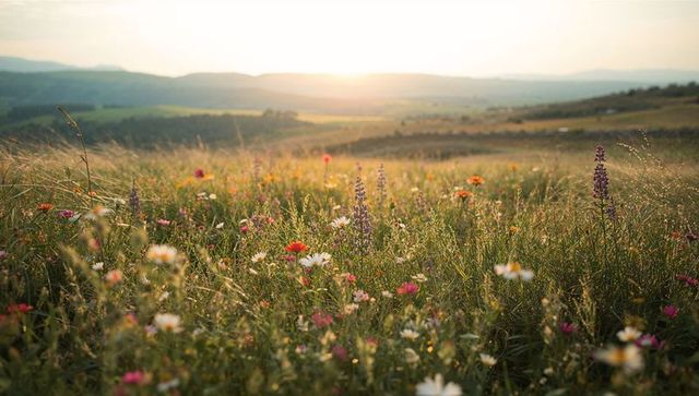 Sunlit wildflower meadow glowing at golden hour with lupines and rolling hills