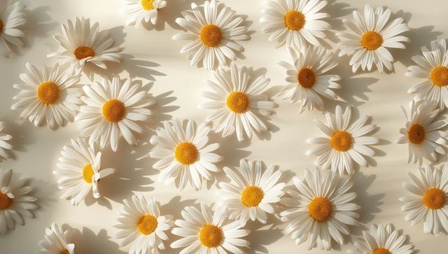 Scattering white daisies creating organic flat lay with soft shadows on cream backdrop