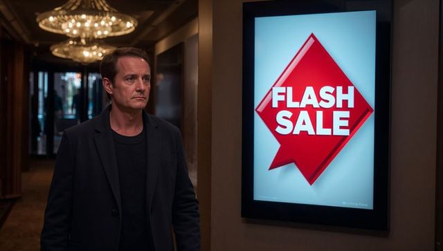 Middle-aged man observing elegant flash sale display in hotel hallway
