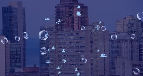 Digital Connectivity Icons Over Urban Skyline