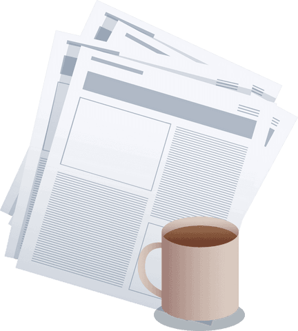 Minimalist newspaper stack and coffee illustration on transparent backdrop