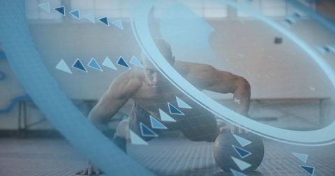 Shirtless Athlete Performing Medicine Ball Push-Up with Futuristic HUD Overlay for Strength Training