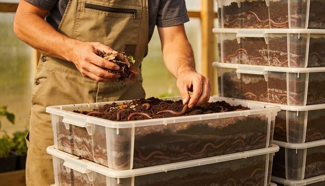 Gardener placing food scraps into stacked worm bins for vermicomposting in greenhouse