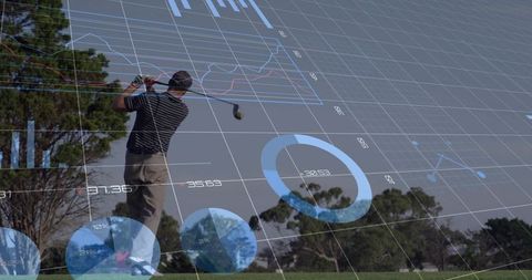 Golfer swinging with augmented reality performance data overlay on sunny fairway