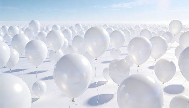 Endless glossy white balloons floating on thin strings over bright minimalist expanse