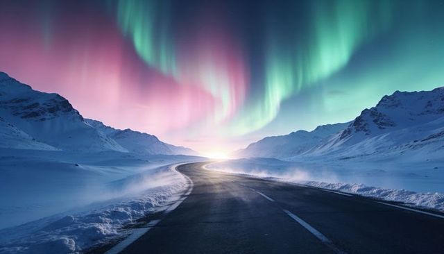 Aurora-lit highway curving through snowy mountain pass at dawn, ethereal northern lights