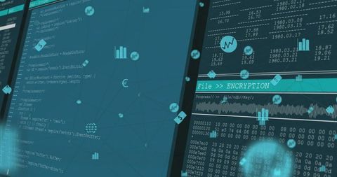 Encrypting data dashboard visualizing code, hex, waveform and cybersecurity analytics