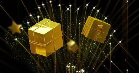 Glowing Golden Christmas Presents and Fireworks