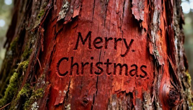 Displaying Merry Christmas Carved into Weathered Tree Bark with Red Tones and Mossy Texture