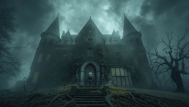 Gothic Mansion Overlooking Misty Forest Landscape