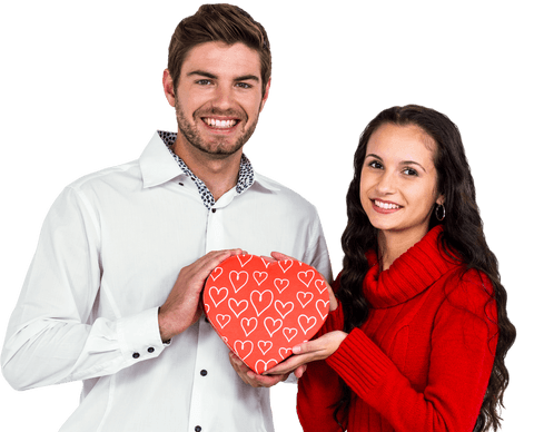 Happy Couple Holding Heart Shaped Gift Box on Transparent Background