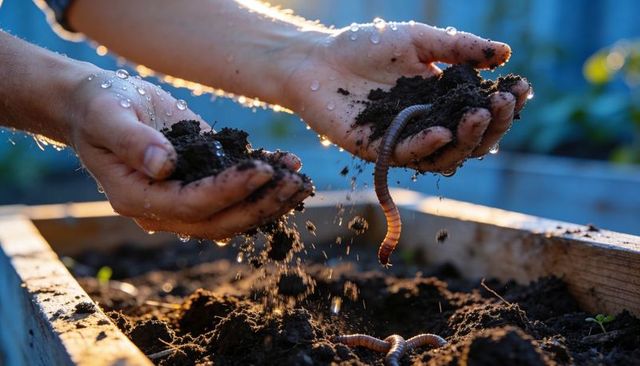 Backlit hands holding moist garden soil with earthworms over raised bed for composting