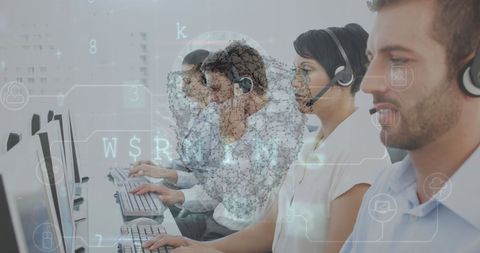 Business Professionals in Customer Support with Digital Overlay - Download Free Stock Images Pikwizard.com