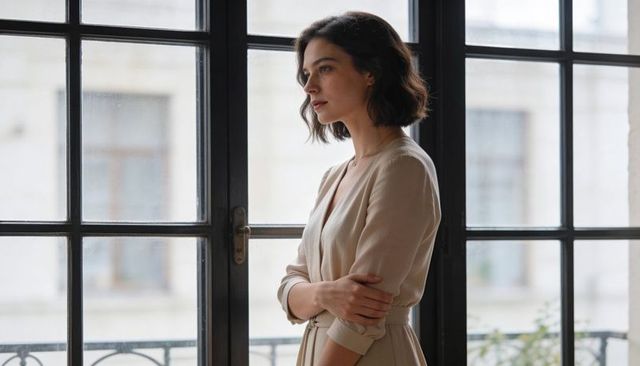 Woman standing by metal window, crossing arms and gazing out in minimalist urban interior