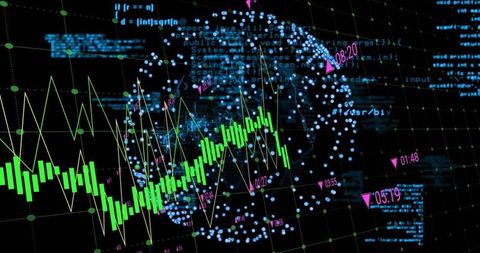 Global Market Data Visualization Green Candlesticks, Yellow Trendlines, Blue PointCloud