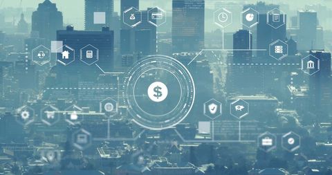 Digital financial icons overlaying cityscape indicating global connections